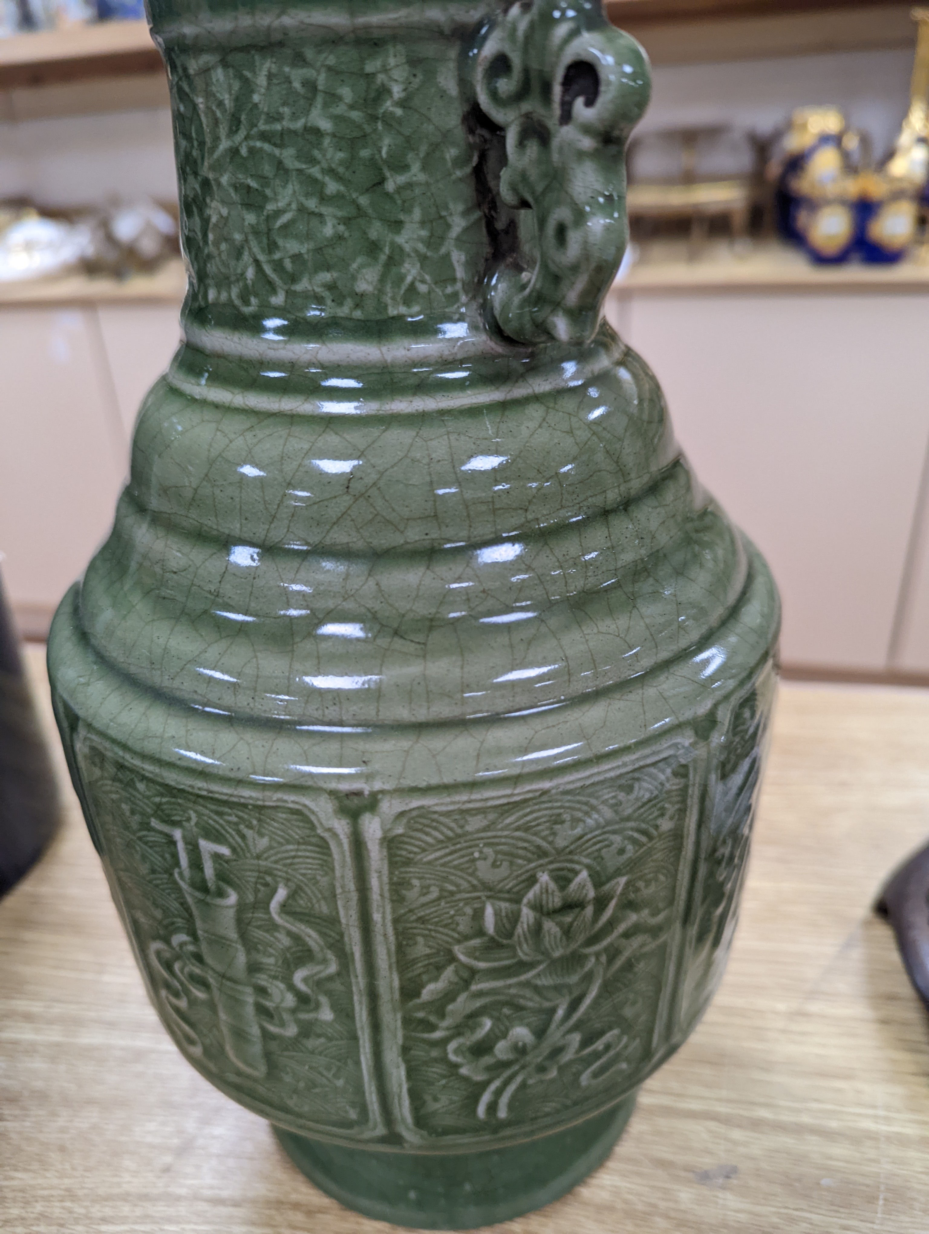 A pair of Chinese celadon glazed vases 35cm